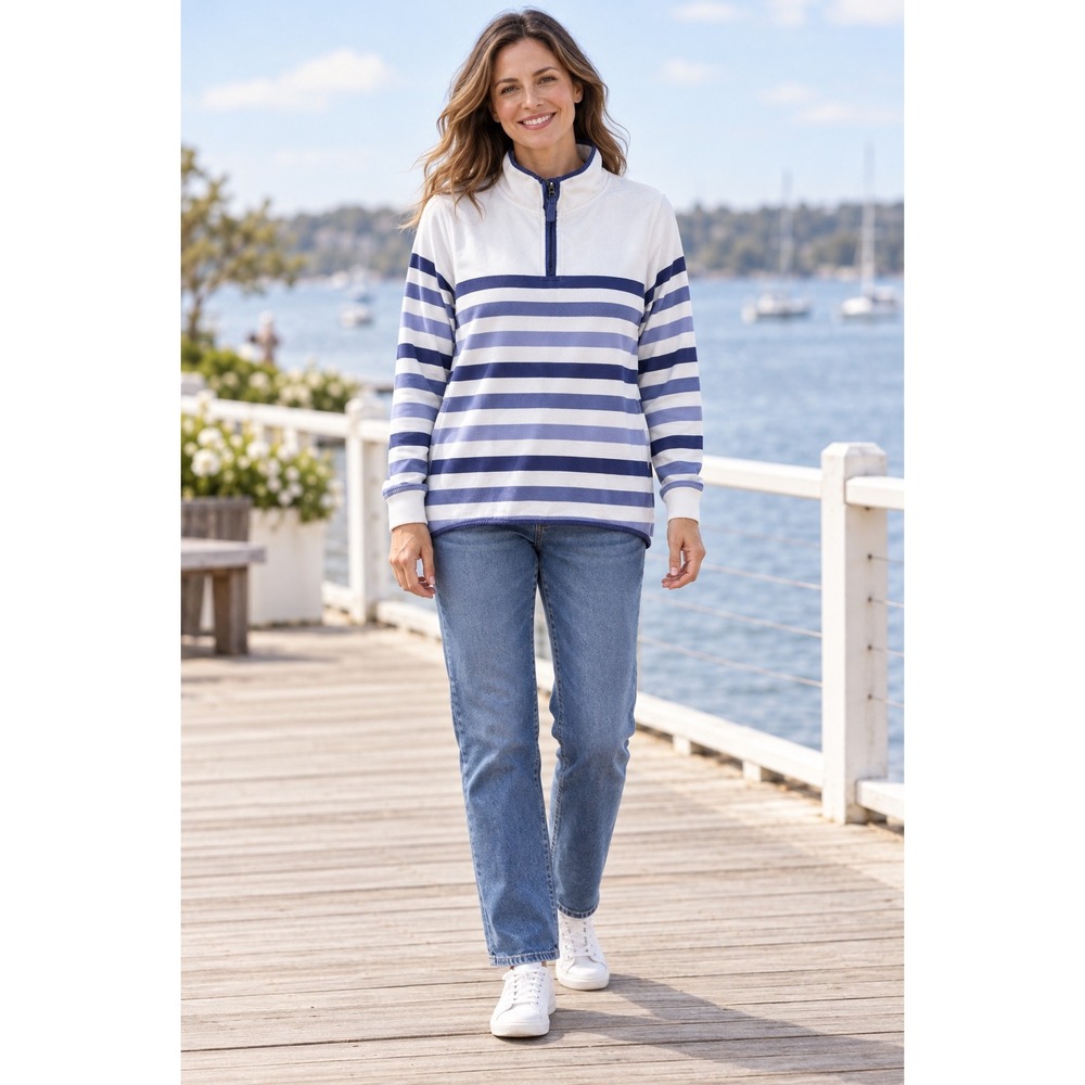 WoolOvers Womens Organic Cotton Quarter Zip Striped Sweatshirt Blue White Small